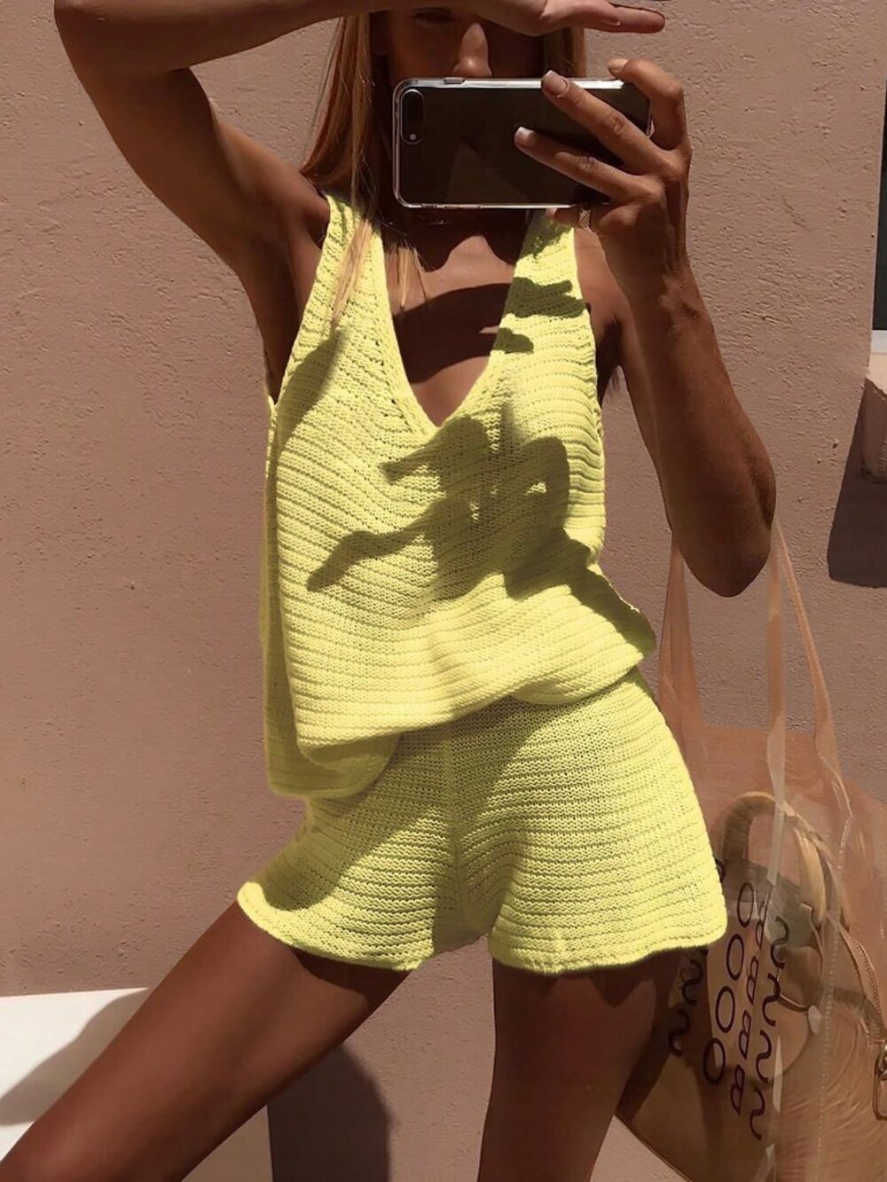 Yellow Sexy Women's Knit Top And Shorts coord Set